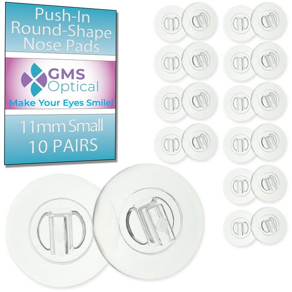 GMS Optical Push-In Round Silicone Nose Pads  11mm Extra Small Diameter  Soft Anti-Slip Eyeglass Nose Pads for Glasses & Sunglasses (10 Pair, Clear)