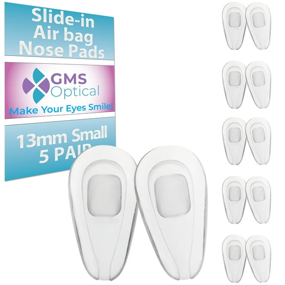 GMS Optical Air Bag Slide-in J-hook Silicone Nose Pads for Glasses  13mm Small Length, 6mm Width, for Eyeglass Repair (5 Pair, Clear)