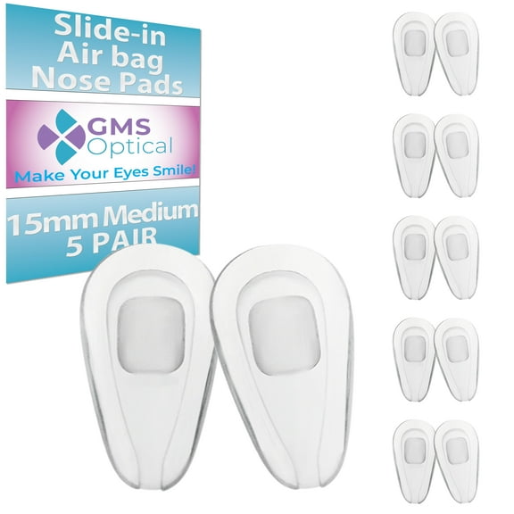 GMS Optical Air Bag Push-In Silicone Nose Pads for Glasses – 15mm Medium Length, 6mm Width, for Eyeglass Repair ( 5 Pair, Clear )