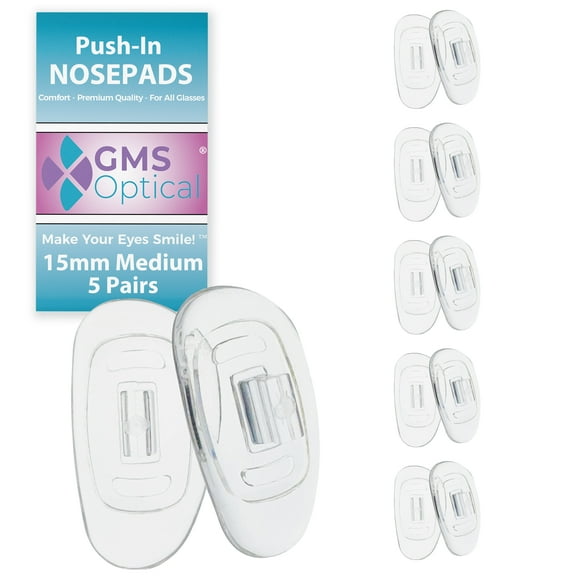 GMS Optical D-Shape Push-In Silicone Nose Pads for Glasses  15mm Medium Length, 5mm Width, for Eyeglass Repair (5 Pair, Clear)