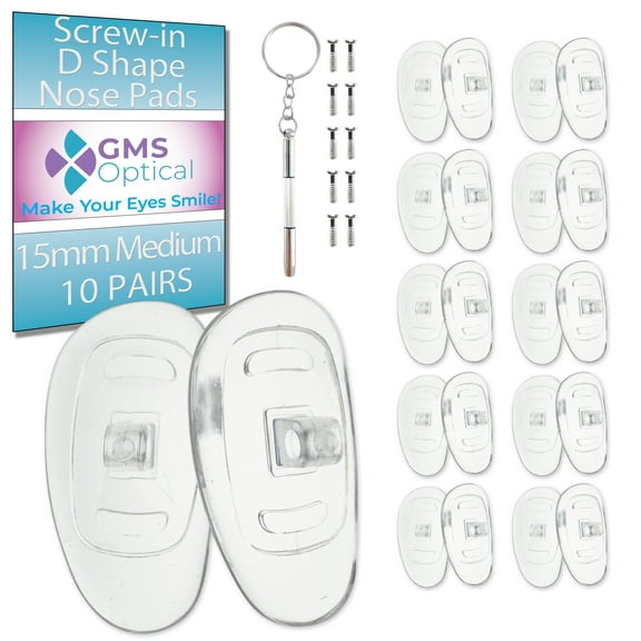 GMS Optical 15mm Medium Length/6mm Wide - D Shape Screw-in Soft Silicone Eyeglass Nose Pads - Eyeglass Repair Kit with Screws and Screw Driver, Anti-Slip Nose Pads for Glasses, (10 Pair)