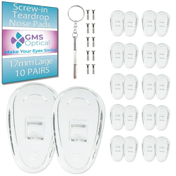 GMS Optical 17mm X-Long Length / 6mm Medium Width  Tear Drop Screw-In Soft Silicone Nose Pads for Glasses, Eyeglasses & Sunglasses with Screws & Screwdriver (10 Pair, Clear)