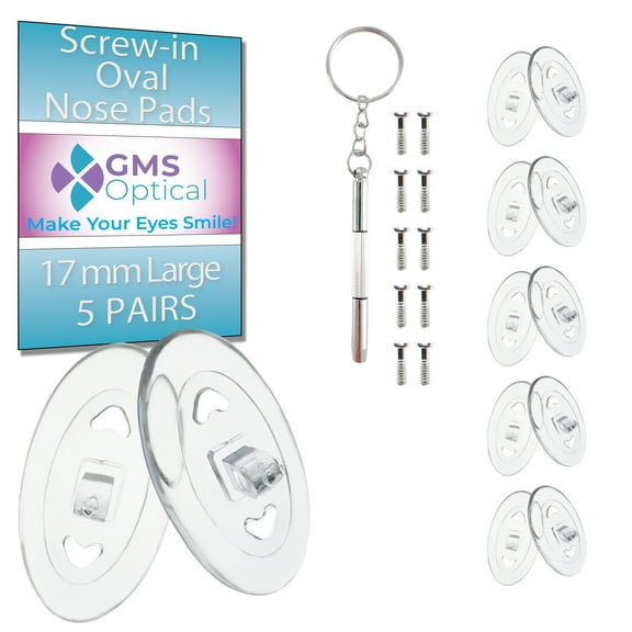 GMS Optical 17mm Long Length / 8.5mm Width / 2.5mm Thick  Oval Screw-In Soft Silicone Nose Pads for Glasses, Eyeglasses & Sunglasses with Screws & Screwdriver (5 Pair, Clear)