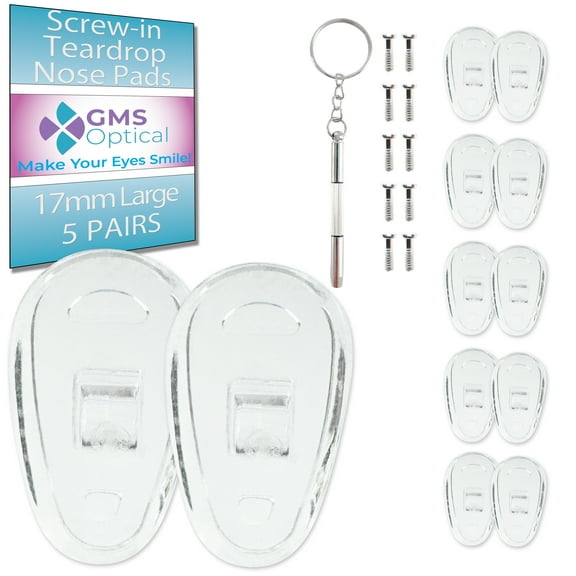 GMS Optical 17mm X-Long Length / 6mm Medium Width  Tear Drop Screw-In Soft Silicone Nose Pads for Glasses, Eyeglasses & Sunglasses with Screws & Screwdriver (5 Pair, Clear)