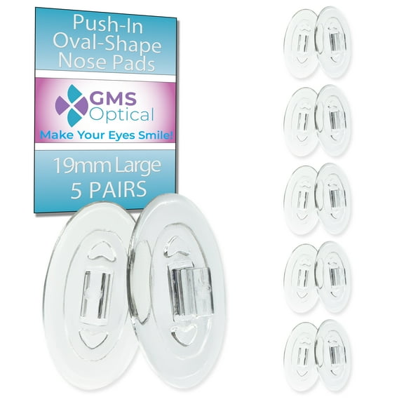 GMS Optical 19mm Large Length / 8.5mm Width / 2.5mm Thick  Oval Push-In Soft Silicone Nose Pads for Glasses, Eyeglasses & Sunglasses (5 Pair, Clear)