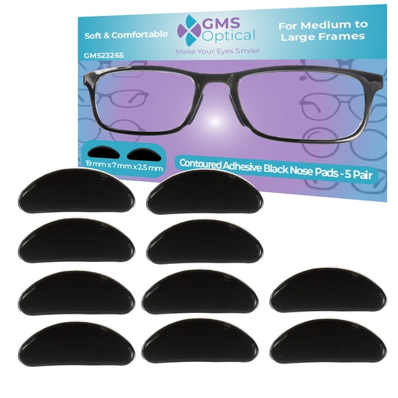 GMS Optical 2.5mm Thick/19mm Long Length - Anti-Slip Adhesive Contoured Soft Silicone Eyeglass Nose Pads with Super Sticky Backing for Glasses, Sunglasses, and Eye Wear (5 Pair)(Black)