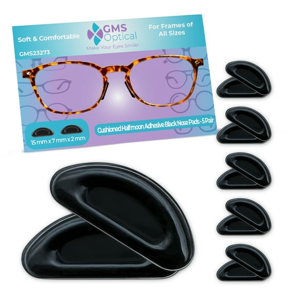 GMS Optical Air Cushion Contoured Adhesive Silicone Nose Pads for Glasses – 15mm Medium Length, 2.0mm Thickness, Anti-Slip Backing ( 5 Pair, Black)