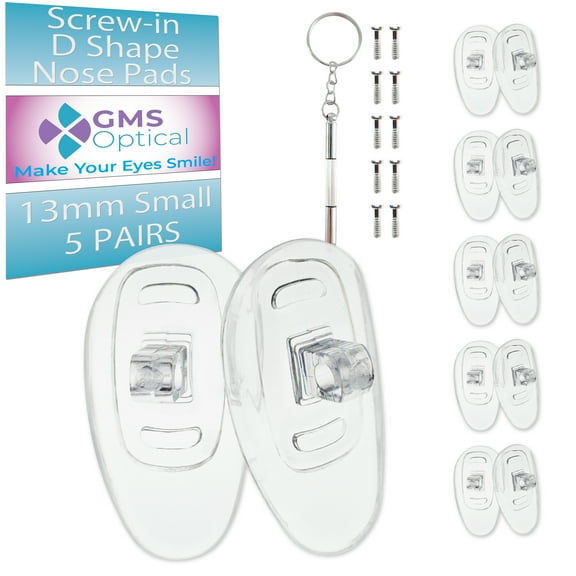 GMS Optical 13mm Small Length / 6mm Wide – D Shape Screw-In Soft Silicone Nose Pads with Screws and Screwdriver for Glasses, Sunglasses, and Eyewear (5 Pair)