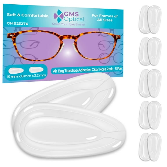 GMS Optical Air Bag Teardrop Adhesive Silicone Nose Pads for Glasses – 15mm Medium Length, 3.2mm Extra-Thick, Anti-Slip ( 5 Pair, Clear)