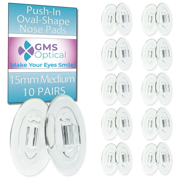 GMS Optical Oval Push-In Silicone Nose Pads for Glasses – 15mm Medium Length, 8.5mm Width, for Eyeglass Repair ( 10 Pair, Clear )