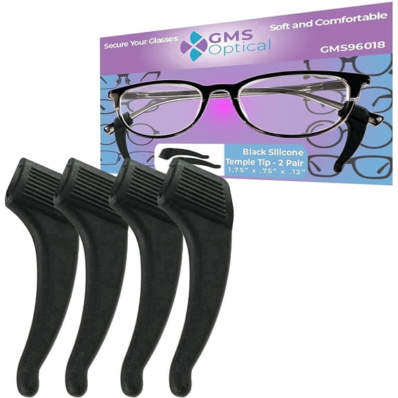 GMS Optical Silicone Anti-Slip Temple Tips for Glasses  Black, 2 Pair, Adult Unisex