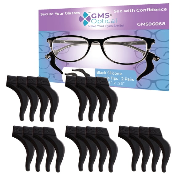 GMS Optical Silicone Anti-Slip Temple Tips Ear Hooks for Glasses  Black, 10 Pairs (5 Pack), Adult Unisex