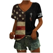 GMWM Independence Day T-Shirt Women USA Flag Graphic Summer Tops for Women Patriotic Womens Black Tops 4th of July V Neck Short Sleeve Tops the Best Gift for National Day