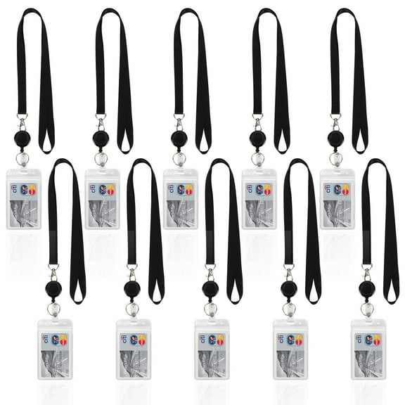 GMZW 10 Pack Black Lanyards, with Vertical ID Badges Holder and Retractable Badge Reels,Neck Lanyard for Keys Card Holder