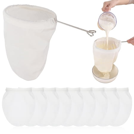 GMZW 10 Pcs Ultra Fine Mesh Strainer Bags, Reusable Mesh Filter Bags with Stainless Steel Handle Frame for Filter NutMilk, Coffee, Milk, Butter, Juices and Fresh Cheese
