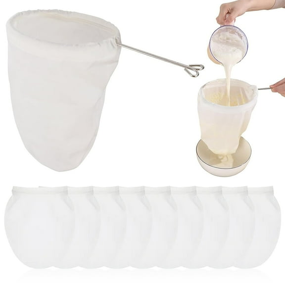 GMZW 10 Pcs Ultra Fine Mesh Strainer Bags, Reusable Mesh Filter Bags with Stainless Steel Handle Frame for Filter NutMilk, Coffee, Milk, Butter, Juices and Fresh Cheese