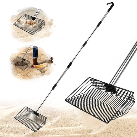 GMZW 10inch Large Metal Chicken Poop Scooper, 4 in 1 Adjustable Metal Long Handle Litter Scooper, Chicken Coop Scooper for Sand Suitable for Chicken Coops, Rabbit Coops, Stables, Gardens