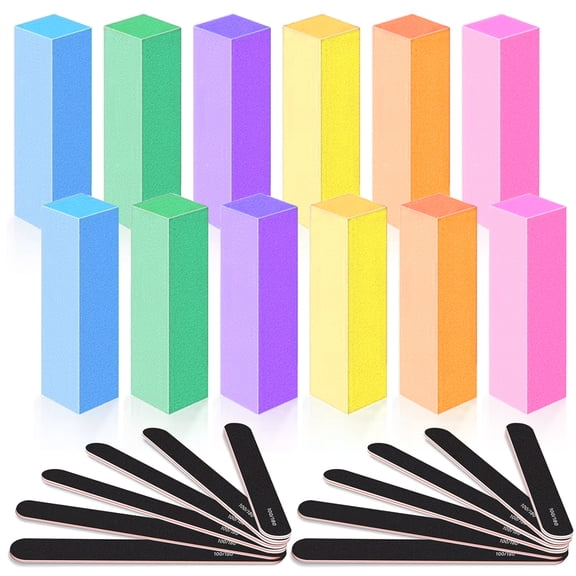 GMZW 12 nail files (black) and 12 buffers (colored), professional nail art tool kit rectangular art care buffer block tool 100/180 grit