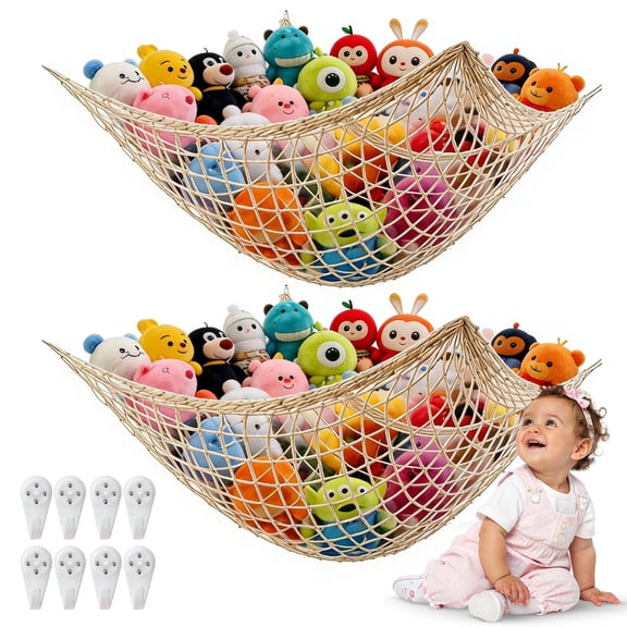 GMZW 2 Pack Stuffed Animal Corner Hammock Net Organizer, Durable Stuffed Toy Storage Mesh with 8 Wall Mount Nails, Ideal Kids Nursery Playroom Wall Hanging Storage Solution