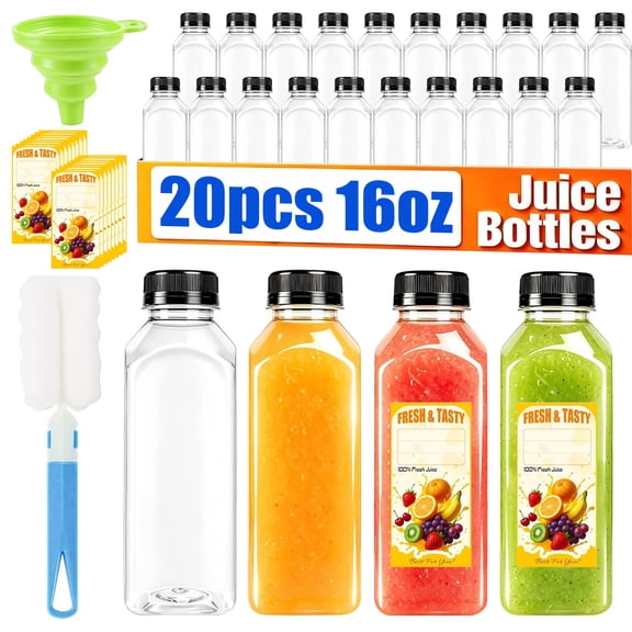 GMZW 20 Pack 16oz Reusable Plastic Juice Bottles With Lids, Empty Drink Containers For Smoothies Shakes Beverages, Come With Cleaning Brush, Funnel and 20 Pack Labels