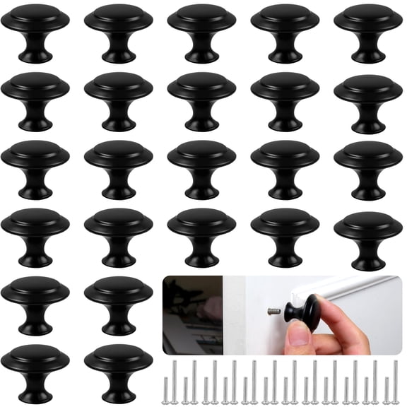 GMZW 24 Pack Matte Black Round Cabinet Knobs, with 24 Pack Short and Long Screws ,30mm Stainless Steel Drawer Pulls, Furniture Hardware for Kitchen Cupboard, Dresser, Wardrobe Cabinet Doors