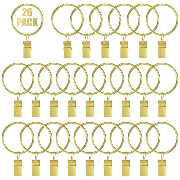 GMZW 26 Pack 1.5 Inch Metal Curtain Rings with Clips, Curtain Hangers Clips, Decorative Curtain Rod Clips 1.5 in Interior Diameter, Gold