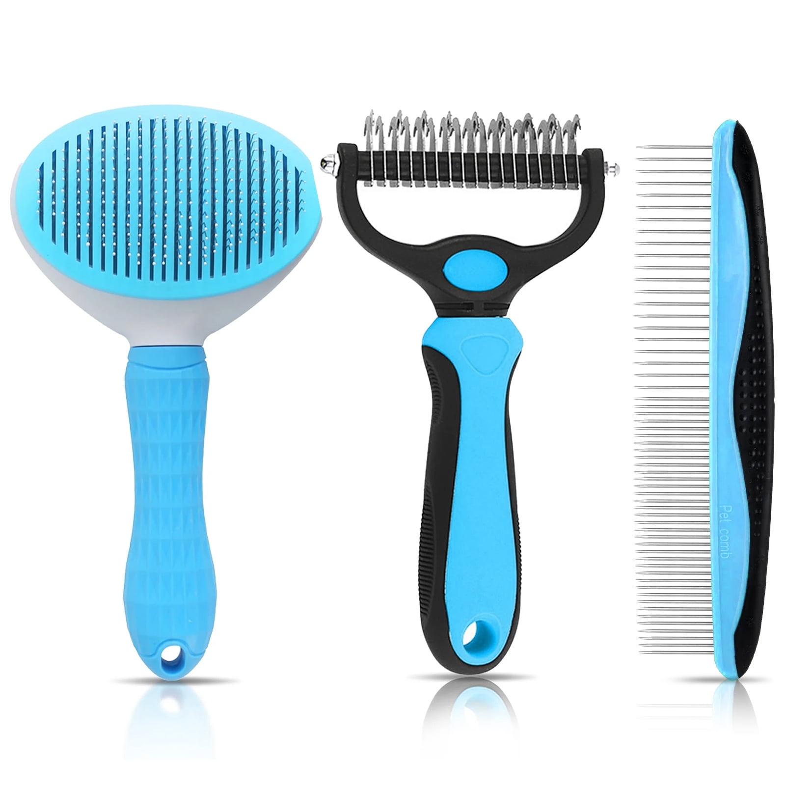 GMZW 3PCS Premium Dog Grooming KitPet Grooming Rake, Self-Cleaning Dematting Pin Slicker Comb Brush & Metal Comb, Deshedding Tool for Dogs and Cats