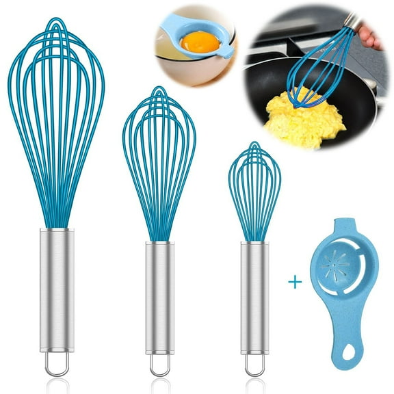 GMZW 4 Pieces Silicone Whisks Set with Yolk Separator, Wire Balloon Whisks Egg Beater, Non-slip Handle Whisk for Non-stick Cookware Perfect for Cooking, Stirring, Beating and Blending (Blue)