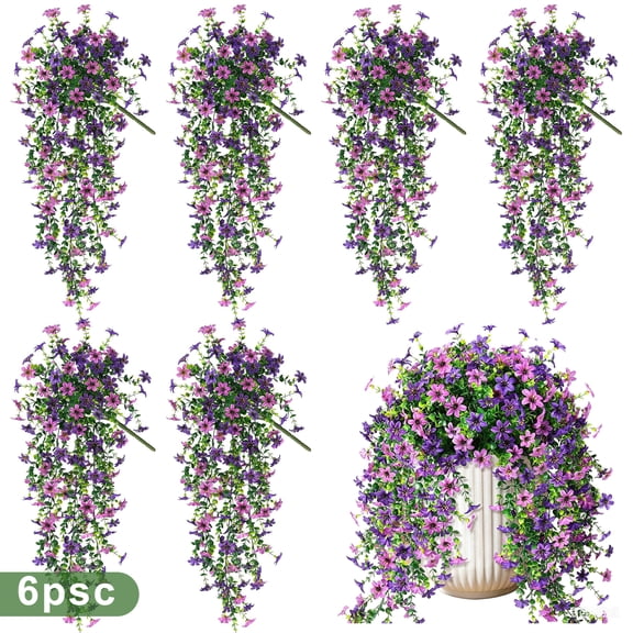 GMZW Artificial Hanging Silk Flowers, 6 Pack Faux Silk Daisy with Eucalyptus Leaves, UV Resistant Greenery for Outside Home Planter Porch Patio Balcony Yard Decor