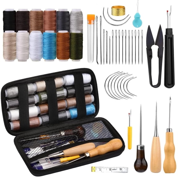 GMZW Heavy Duty Sewing Kit, 48pcs Needle and Thread Kit with Upholstery Thread Needles Sewing Awl Seam Ripper, Upholstery Repair Sewing Kit for Car Seats Carpets Shoes Backpacks DIY Crafting