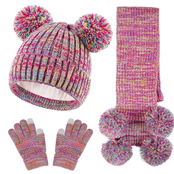 GMZW Kids Winter Hat Gloves Scarf Set, Girls Toddler Children Beanie with Pom Knit Neck Warmer Gaiter Mittens Fleece Lined Set