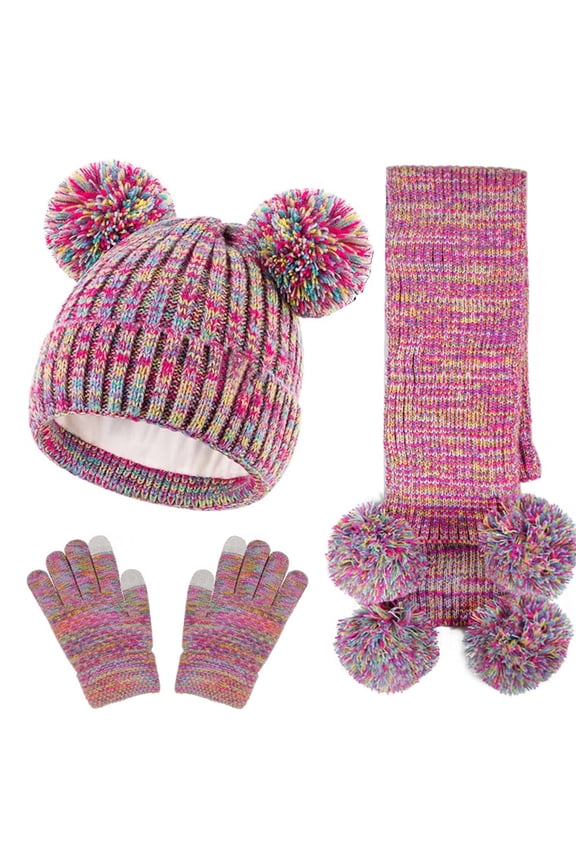 Kids Winter Hat Gloves Scarf Set, Girls Toddler Children Beanie with Pom Knit Neck Warmer Gaiter Mittens Fleece Lined Set