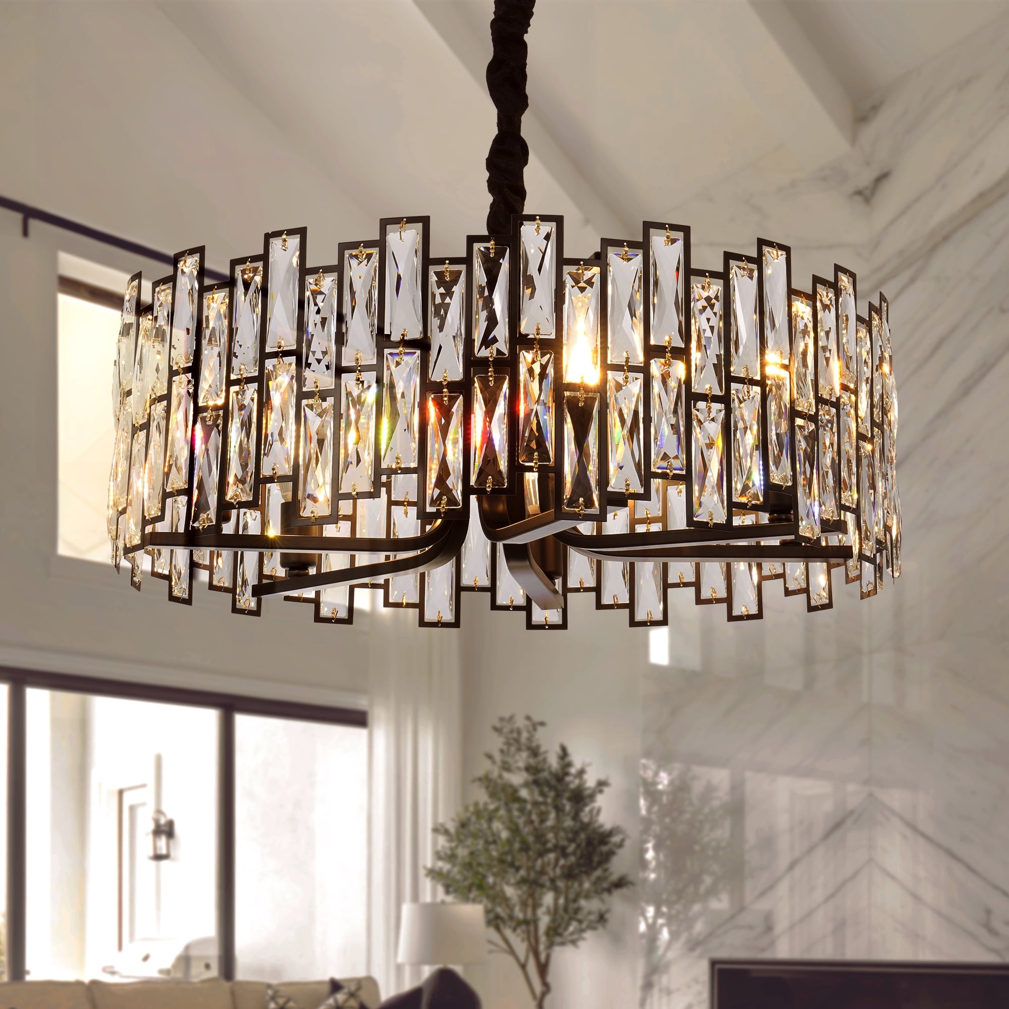 GMizon 24 Inch Simple Modern Round Crystal Chandelier, 6 Heads Dining Room Chandelier, Suitable for Bedroom Living Room Lighting Fixtures (Black)