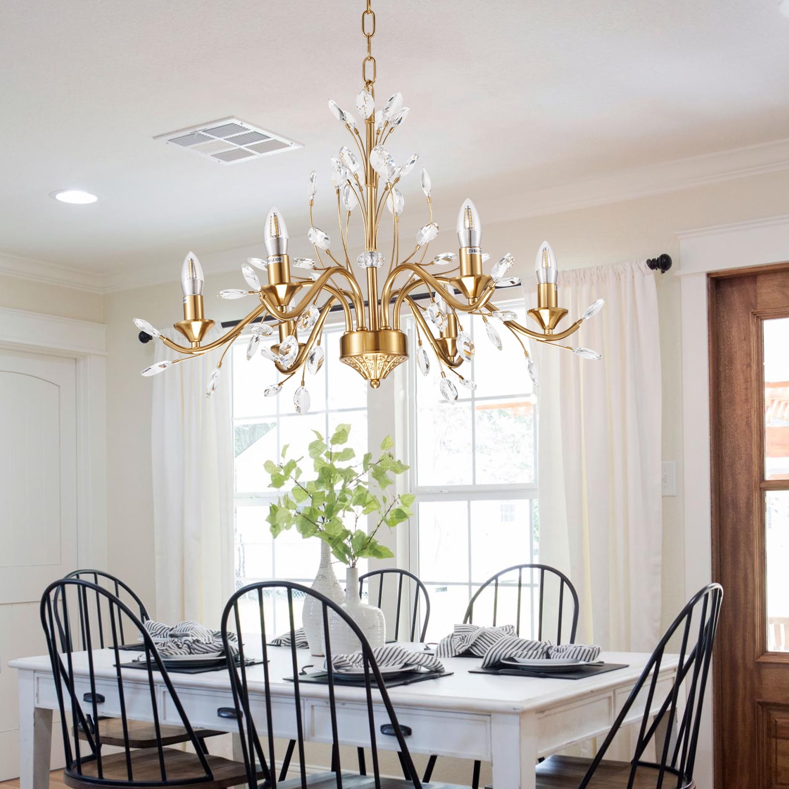 Gold Crystal Chandelier – 6-Light K9 Crystal Candle Chandelier For Dining Room, Living Room – Vintage Style Glass Pendant Lighting