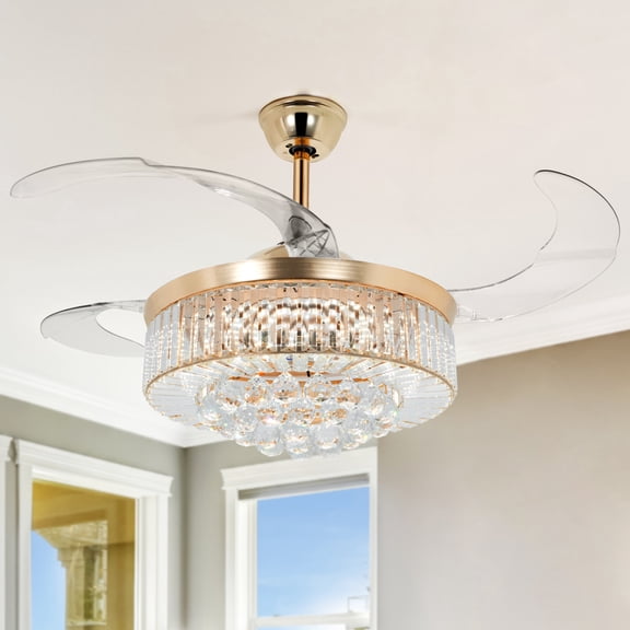 GMizon 42 Inch Rose Gold Crystal Ceiling Fan Light LED Tri-tone Hue with Remote Control Bedroom Invisible Ceiling Fan Chandelier