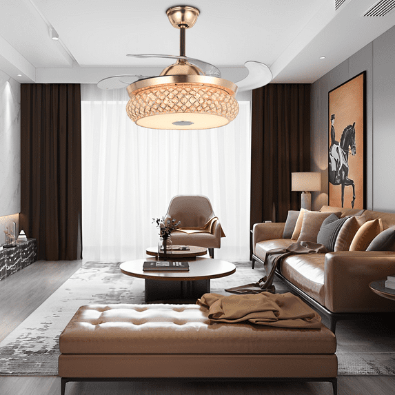 GMizon 42-inch modern gorgeous ceiling fan light, 7-color dimming invisible bedroom fan light, dining room and living room golden chandelier ceiling fan