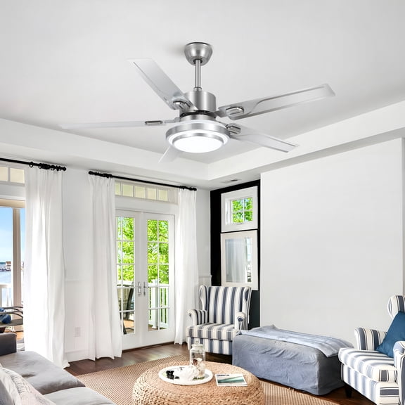 GMizon 52-Inch Modern 5-Blade Stainless Steel Ceiling Fan Light with LED Tri-Color Dimming, Living Room Chandelier Ceiling Fan (Silver)