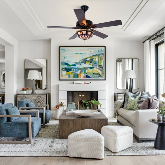 GMizon 52-inch American retro ceiling fan light, six-speed six-speed restaurant fan light with forward and reverse function, living room study ceiling light ceiling fan (black)