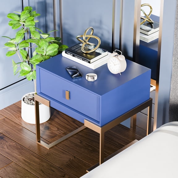 GMizon Modern simple single drawer bedside table, blue solid wood bedroom home bedside table