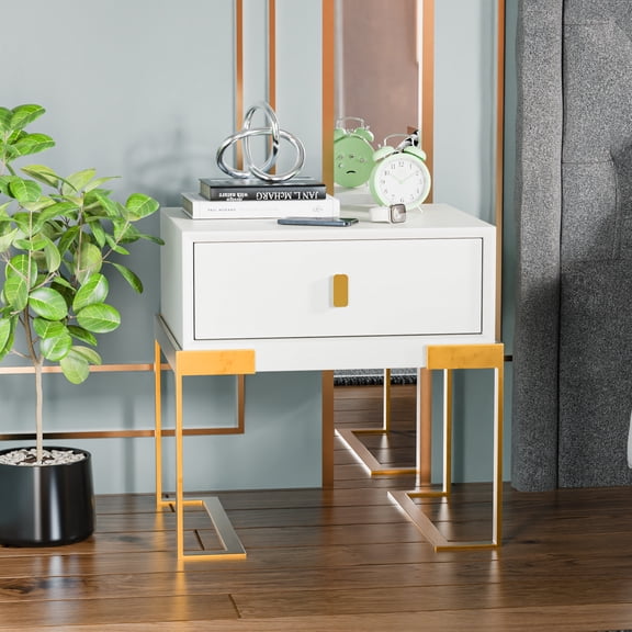 GMizon Modern simple single drawer bedside table, white solid wood home bedroom bedside table