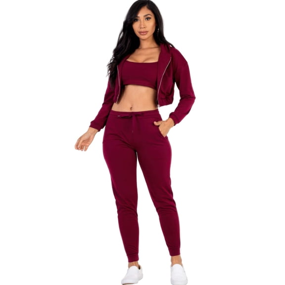 French Terry Cropped Cami with Zip-up Jacket and Joggers Set