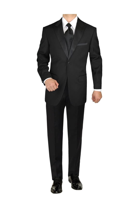 GN GIORGIO NAPOLI Men's Tuxedo Suit 1 Button Peak Lapel Jacket Adjustable Pants Black