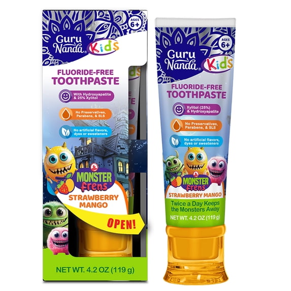 GuruNanda Kids Toothpaste with 25% Xylitol & Hydroxyapatite - Mango Strawberry Flavor, 4.2oz