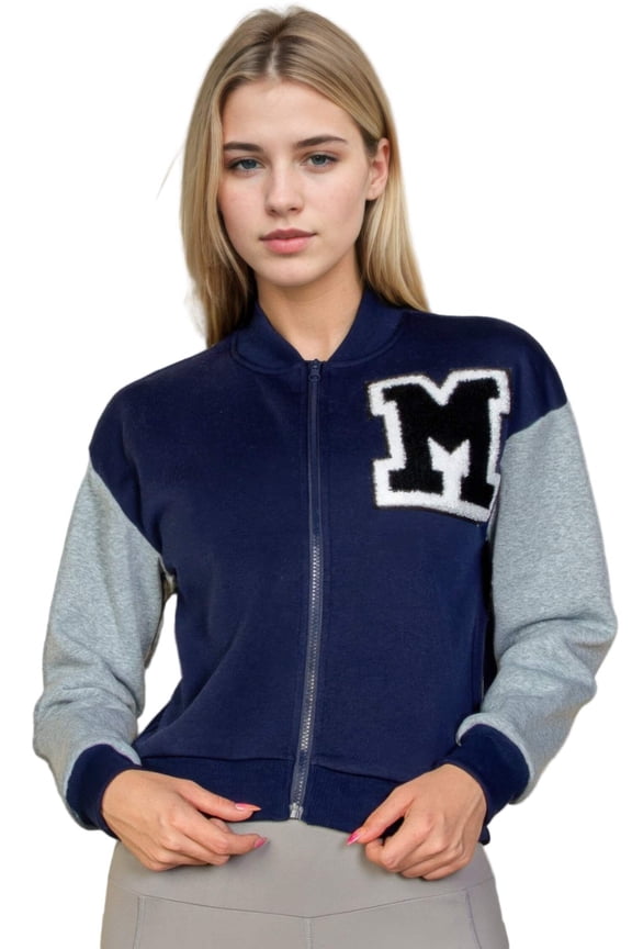 Letter Patched Striped Trim Varsity Jacket