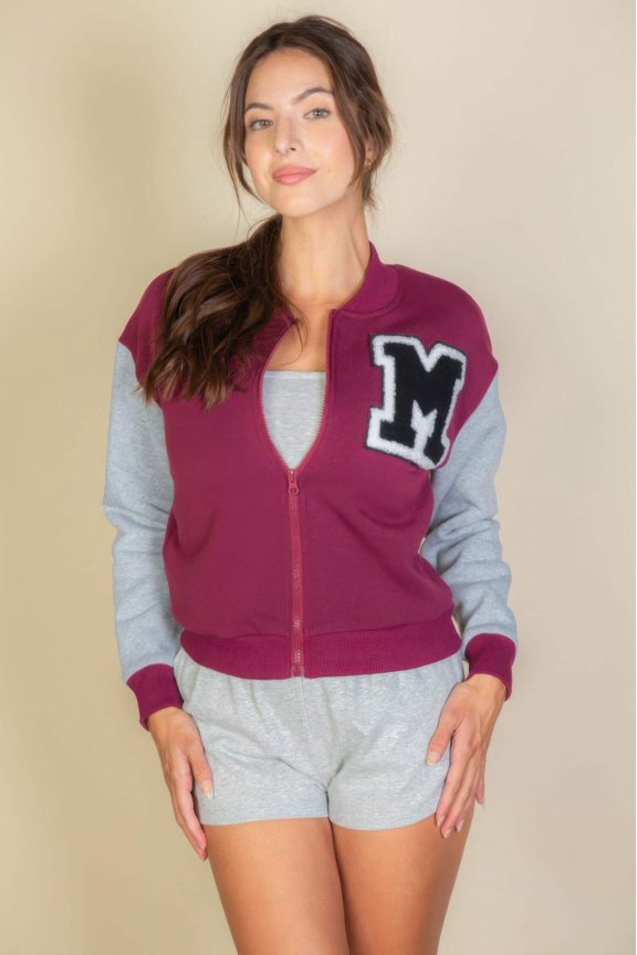GN Letter Patched Striped Trim Varsity Jacket