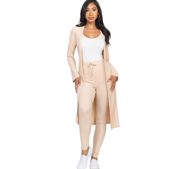 Ribbed Long Cardigan  Leggings Set