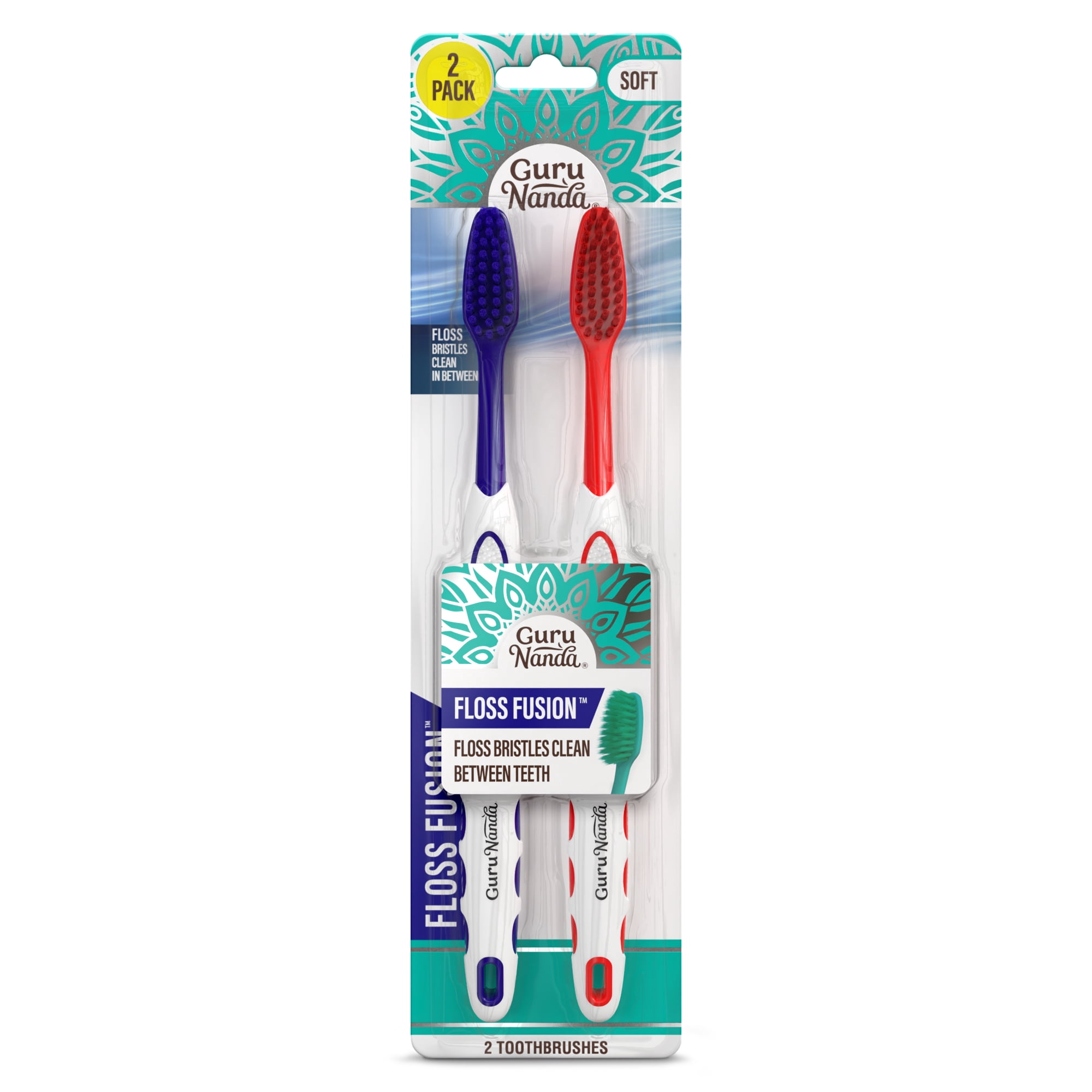 GuruNanda Floss Fusion Toothbrush, Dual Action Flossing Bristles, BPA & PFAS-Free, 2 Count
