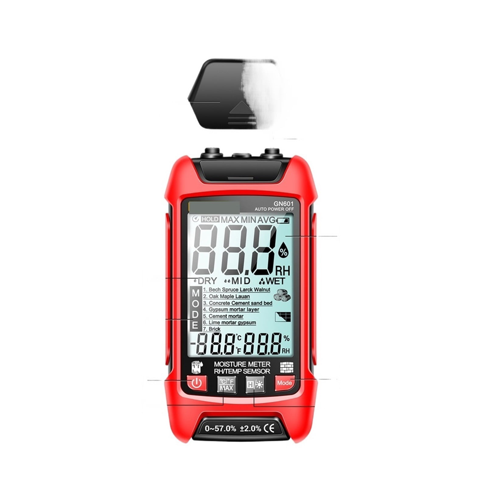 Rh Application GN601 0~99.9% Timber Hygrometer 20.5% RH Display Wood Moisture Meter ...
