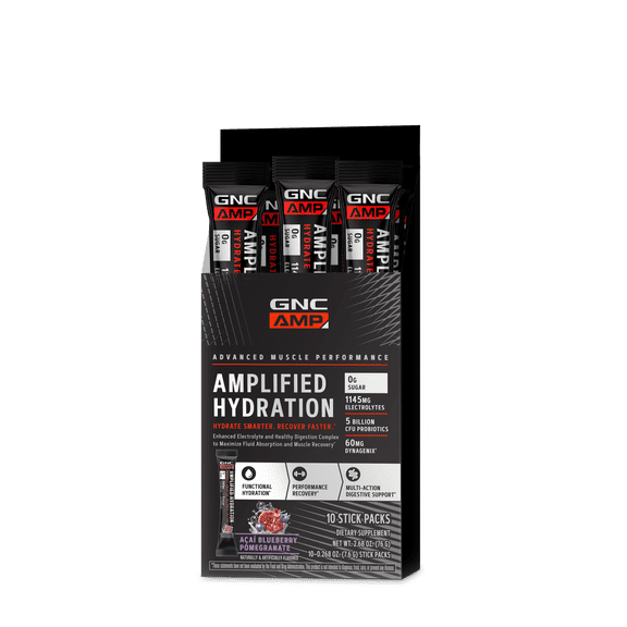 GNC AMP Amplified Hydration Electrolyte Powder Drink Mix | Enhanced Electrolyte & Healthy Digestion Complex | Acai Blueberry Pomegranate | 10 Count