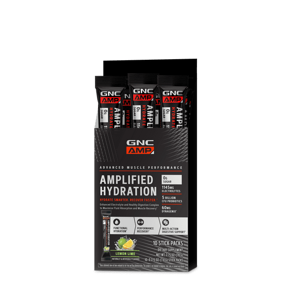 GNC AMP Amplified Hydration Electrolyte Powder Drink Mix | Enhanced Electrolyte & Healthy Digestion Complex | Lemon Lime | 10 Count